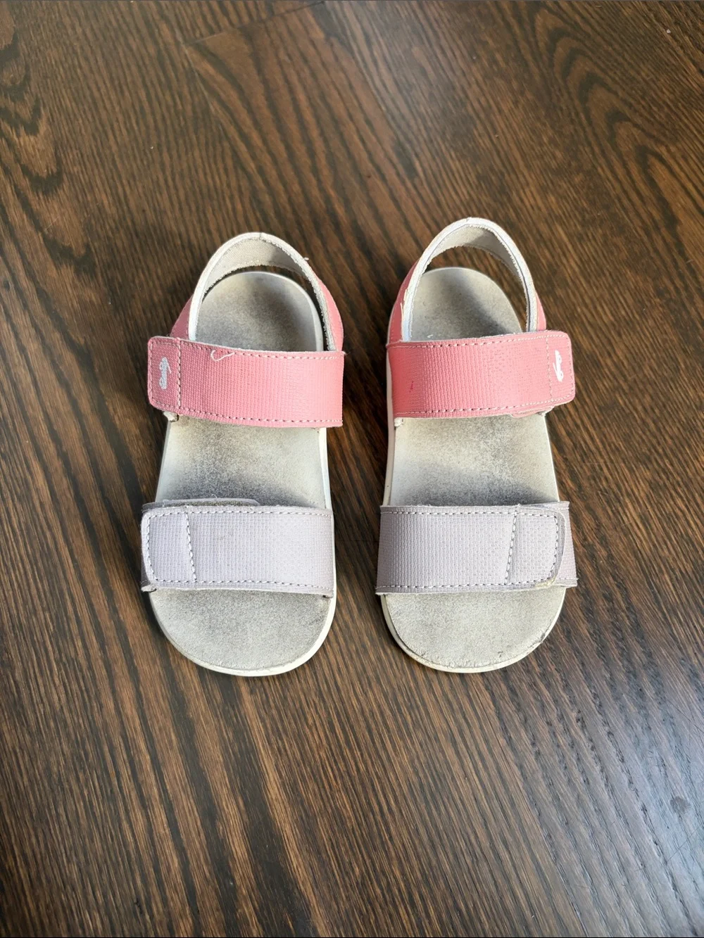 See Kai Run Pink and Light Gray Velcro Strap Sandals. Toddler 9